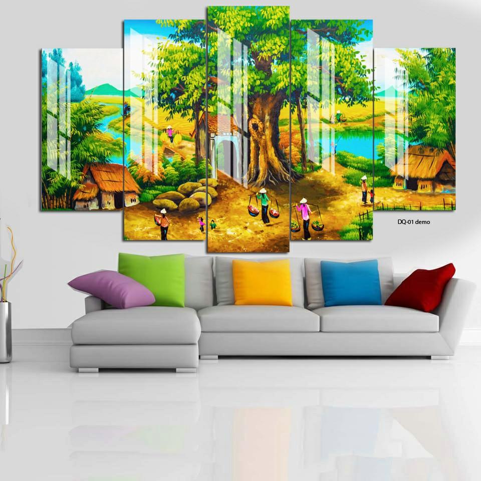 Tranh treo tường trang trí Đồng quê Việt Nam 5 tấm 3D/gỗ MDF Hàn Quốc chống ẩm mốc, mối mọt