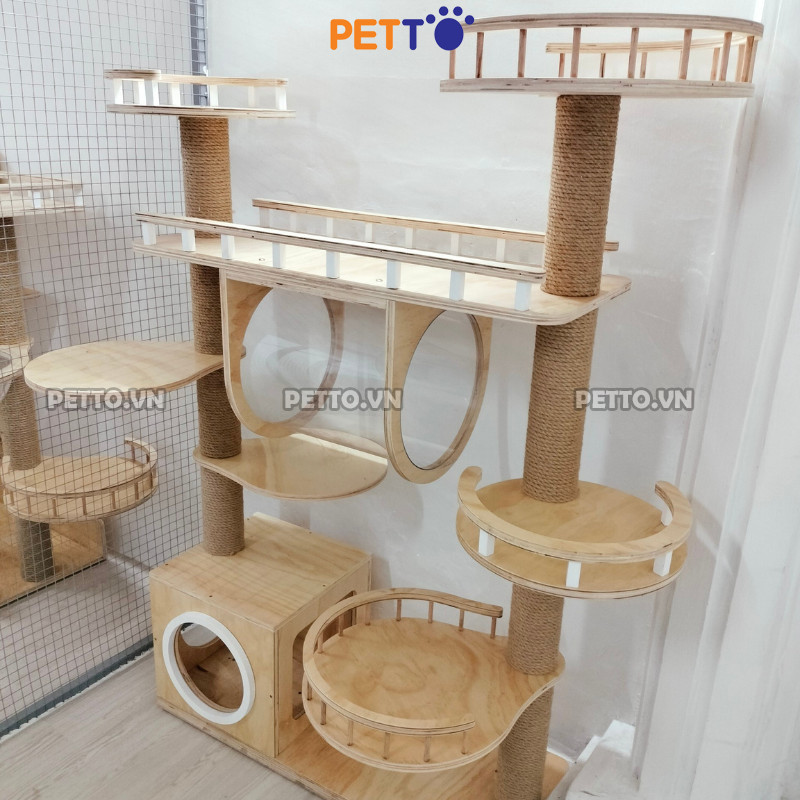 Cattree bằng GỖ cho mèo THÁP ĐÔI kết hợp LỒNG KÍNH cao 1m7 cho nhà nhiều mèo CH047