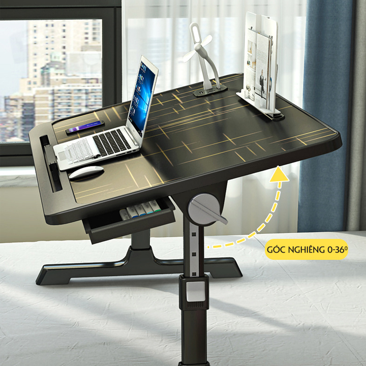 Bàn làm việc ngồi giường màu đen mẫu cao cấp, bàn gấp ngồi giường Full, ngăn kéo, USB, giá sách, khe cắm thẻ KO126