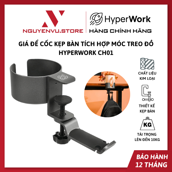 Giá để cốc kẹp bàn tích hợp móc treo đồ HyperWork CH01 - Hàng Chính Hãng