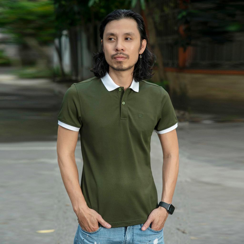 Áo nam polo màu xanh rêu cổ trắng dáng đẹp cá sấu Poly trơn ngắn tay cao cấp có cổ GIFASHION MPR3418