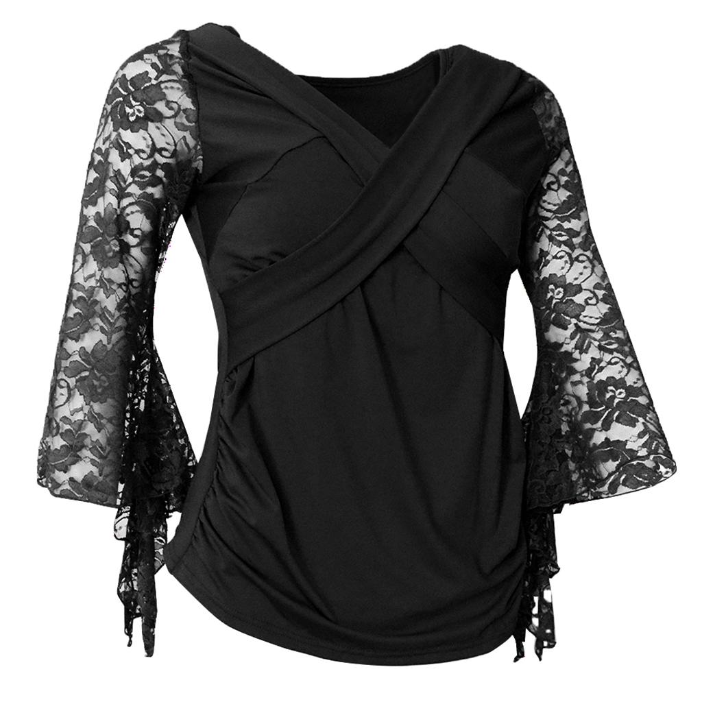 Ballroom Flamenco Latin Dance Blouse Square Dance V Neck Lace Sleeve Tops Women Dancewear Costumes
