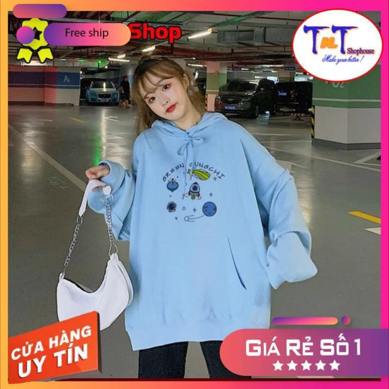 HDI15 Áo khoác nỉ Hoodie Trơn In Vũ Trụ Green Gungchi kiểu dáng Hàn Quốc năng động, form unisex nam và nữ