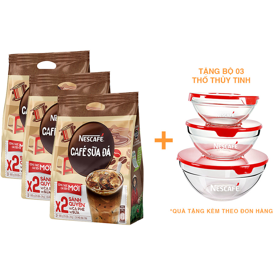 Combo 3 cà phê hòa tan Nescafé 3in1 cà phê sữa đá (Bịch 25 gói x 24g) [Tặng bộ 3 thố thuỷ tinh Nescafé]