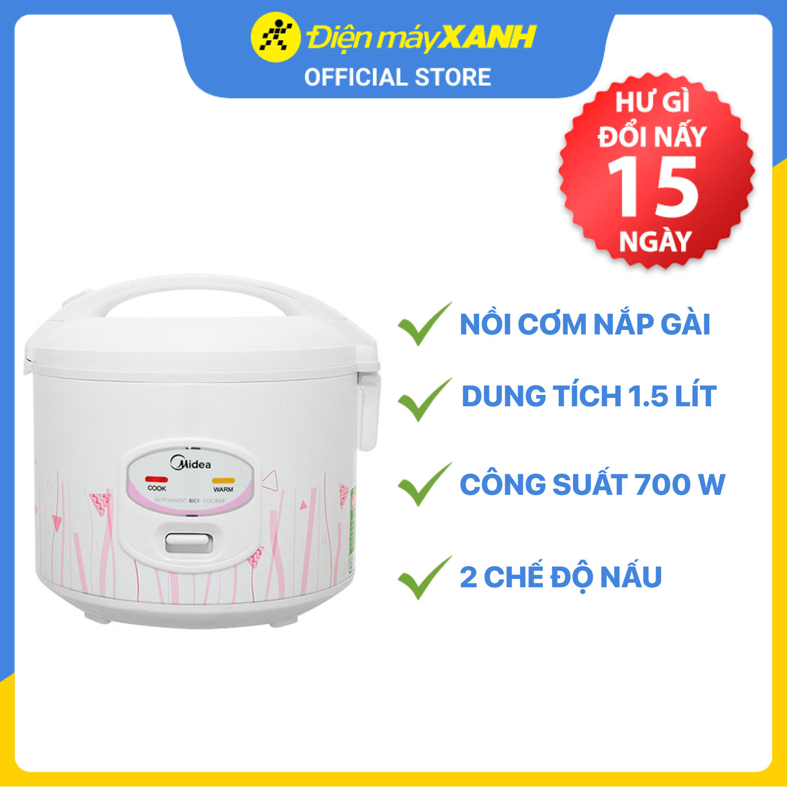 Nồi Cơm Nắp Gài Midea 1.5 Lít MR-CM1533 - Hàng Chính Hãng