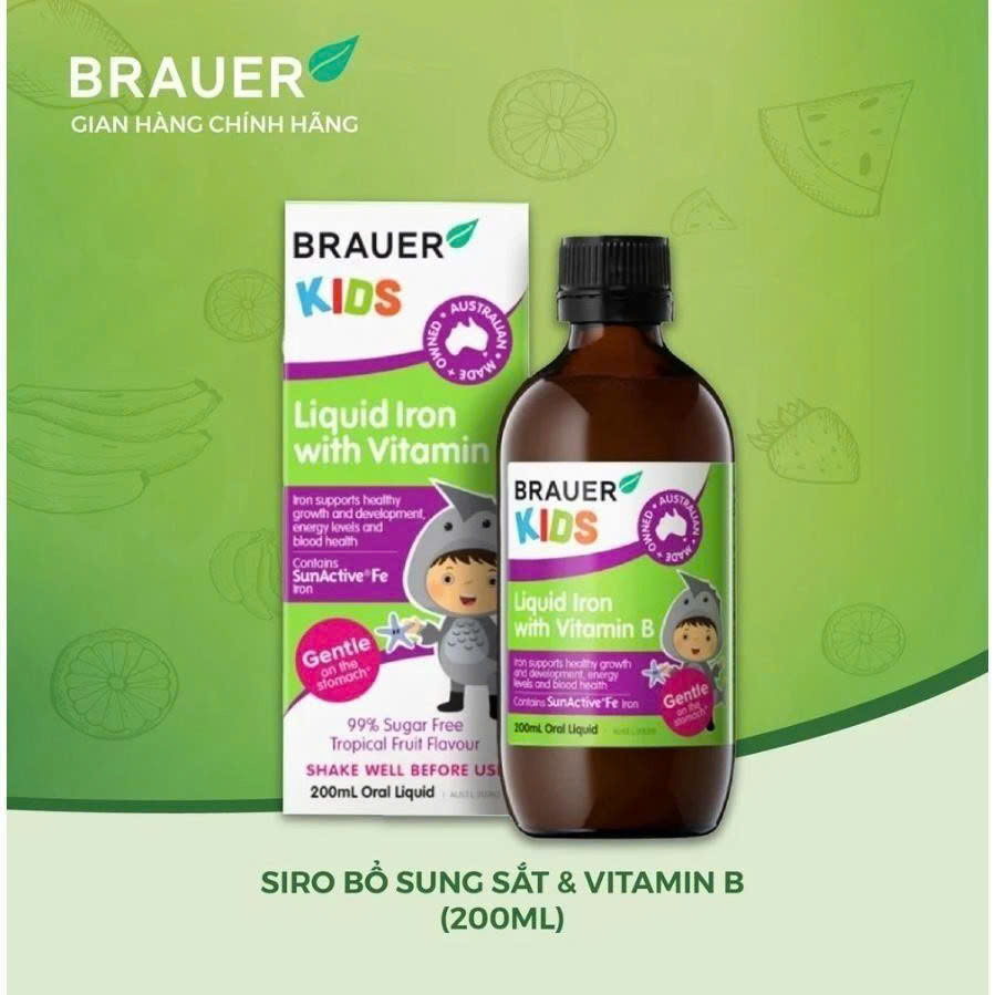Siro Brauer Liquid Iron with Vitamin B 200ml Hỗ trợ bổ sung Sắt &amp; vitamin B cho trẻ từ 1 tuổi