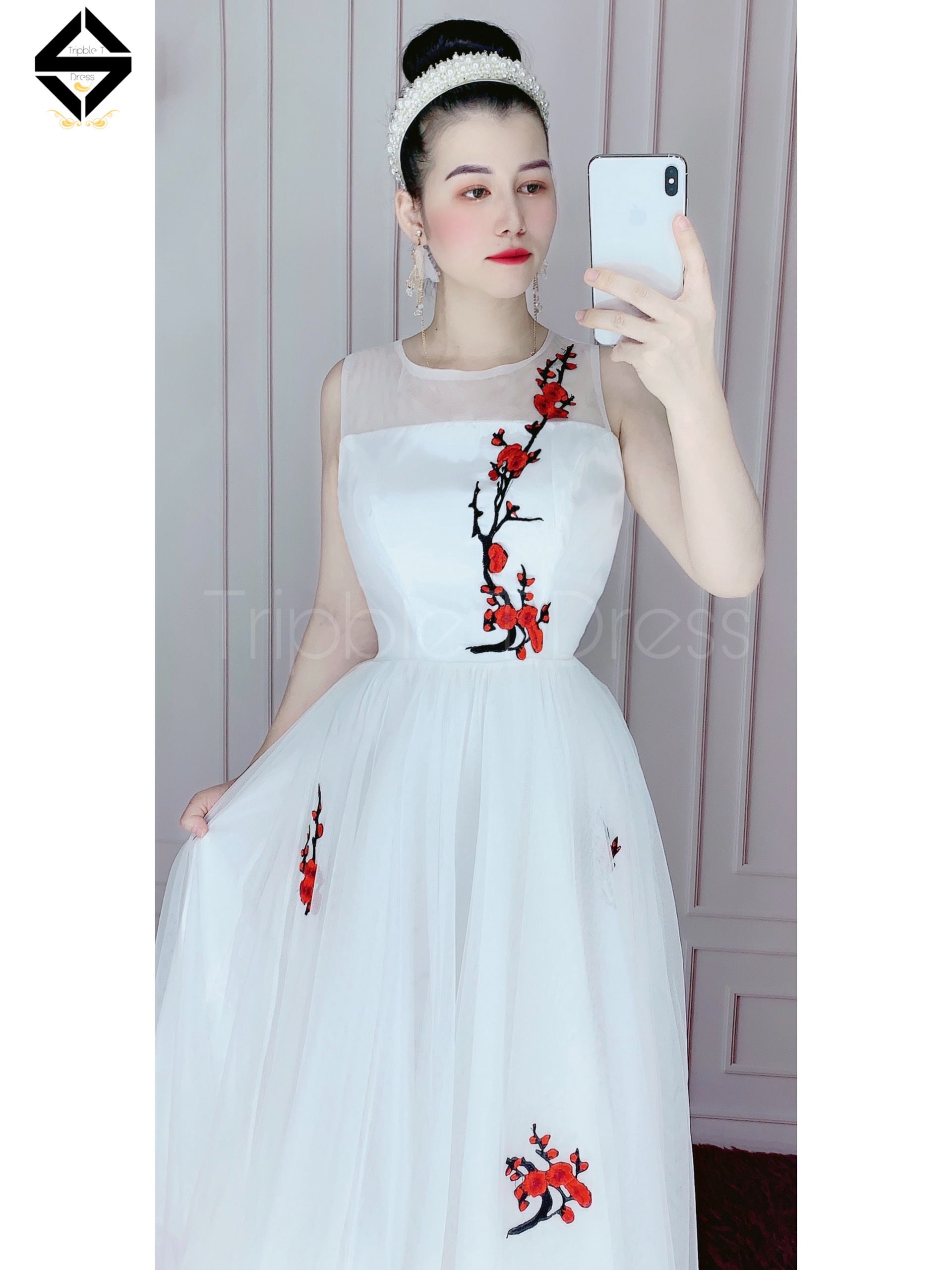 Đầm maxi dự tiệc mặc cưới hoa đào thêu sang trọng TRIPBLE T DRESS - size M/L - MS154Y