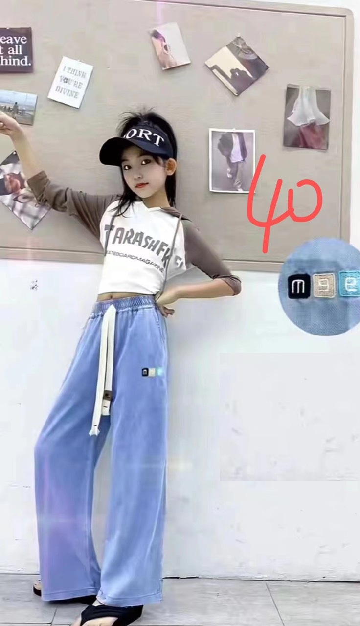 Quần bò giấy cho bé gái ồng sớ size đại 6-12 tuổi thêu chữ m9 vải mỏng mềm mại thời trang mặc được cả 4 mùa