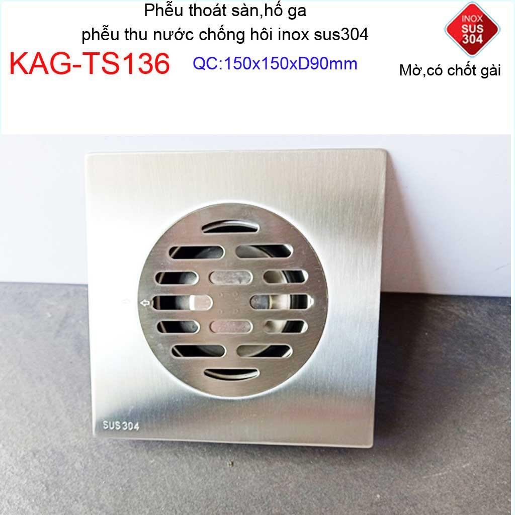 Phễu thoát sàn chống mùi hôi có chốt gài, Phễu thu nước inox 304, thoát sàn Kace 15D90 KAG-TS136