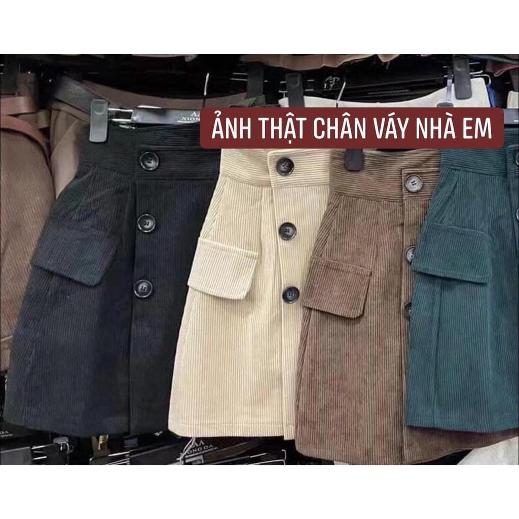 Chân váy ngắn nữ cạp cao vải nhung tăm vạt lệch phối 3 cúc siêu tôn dáng