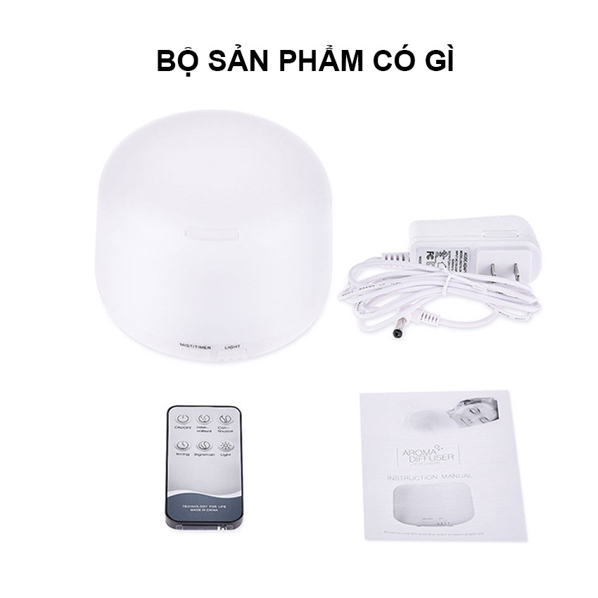 Máy Khuếch Tán Tinh Dầu Trụ Trắng 500ml - Dùng Xông Phòng Diện Tích Lớn Từ 40m2 - Giúp Khử Mùi, Thơm Phòng - Có Remote - Đèn Led 7 Màu Cực Đẹp