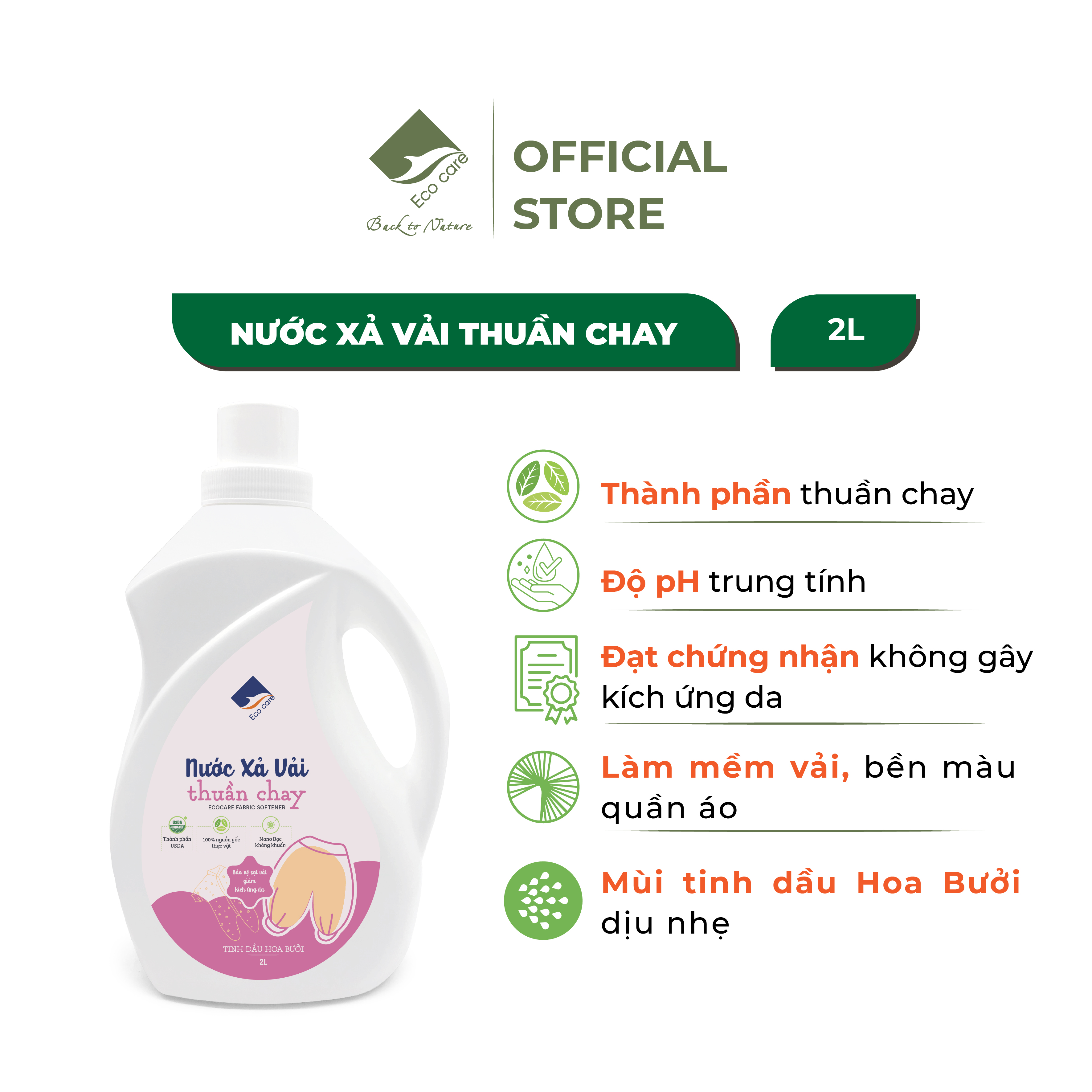 Nước Xả Vải Thuần Chay Hữu Cơ ECOCARE 100ml-2L, PH Cân Bằng, Thành Phần Tự Nhiên An Toàn Cho Trẻ Em