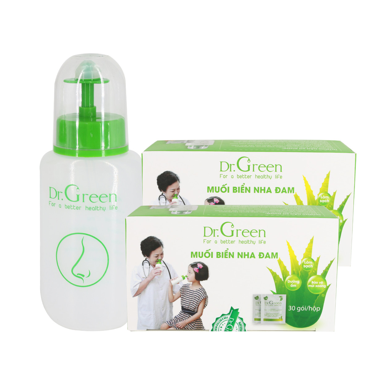 Bộ Rửa Mũi Dr.Green (Combo Tiết Kiệm 1 Bình + 60 Gói Muối biển nha đam), Đầu rửa silicone mềm mại, công nghệ van kép 1 chiều chống sặc, giảm viêm mũi, sổ mũi, viêm mũi dị ứng, viêm xoang