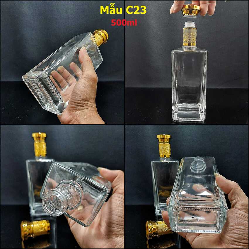 Vỏ Chai Đựng Rượu Thủy Tinh 500ML  hình hộp nắp nhựa vàng ánh kim – Chai Đựng Rượu Thủy Tinh – Bình Đựng Ruou