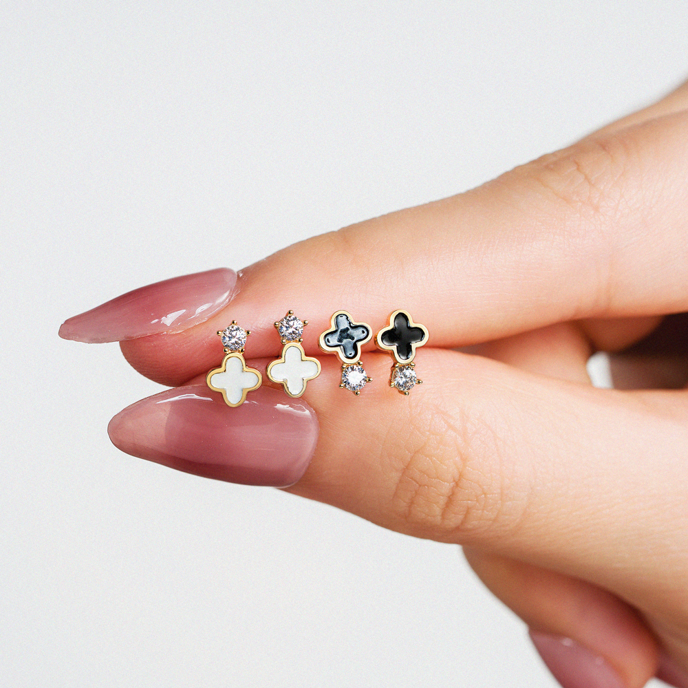 Bông Tai Nữ Hoạ Tiết Cỏ Bốn Lá May Mắn Đá Rơi Vàng 14K BTAM129 Huy Thanh Jewelry