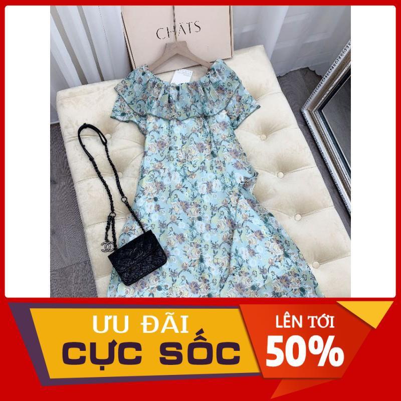 VÁY HOA XANH VOAN TRỄ VAI BÈO TẦNG 2 LỚP