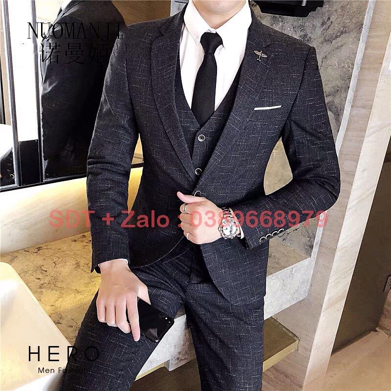 Bộ Vest Nam Cao Cấp Hàn Quốc màu kẻ đen, Bộ Suit Nam thanh niên chất vải sịn dáng ôm