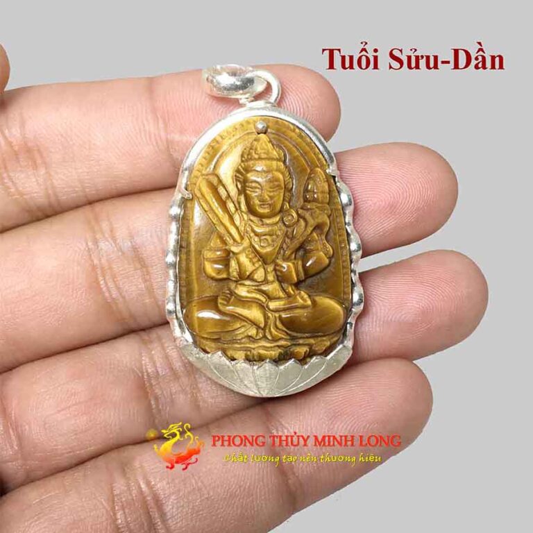 Mặt dây chuyền phật bản mệnh 12 con giáp đá Mắt Hổ Vàng Nâu bọc Bạc
