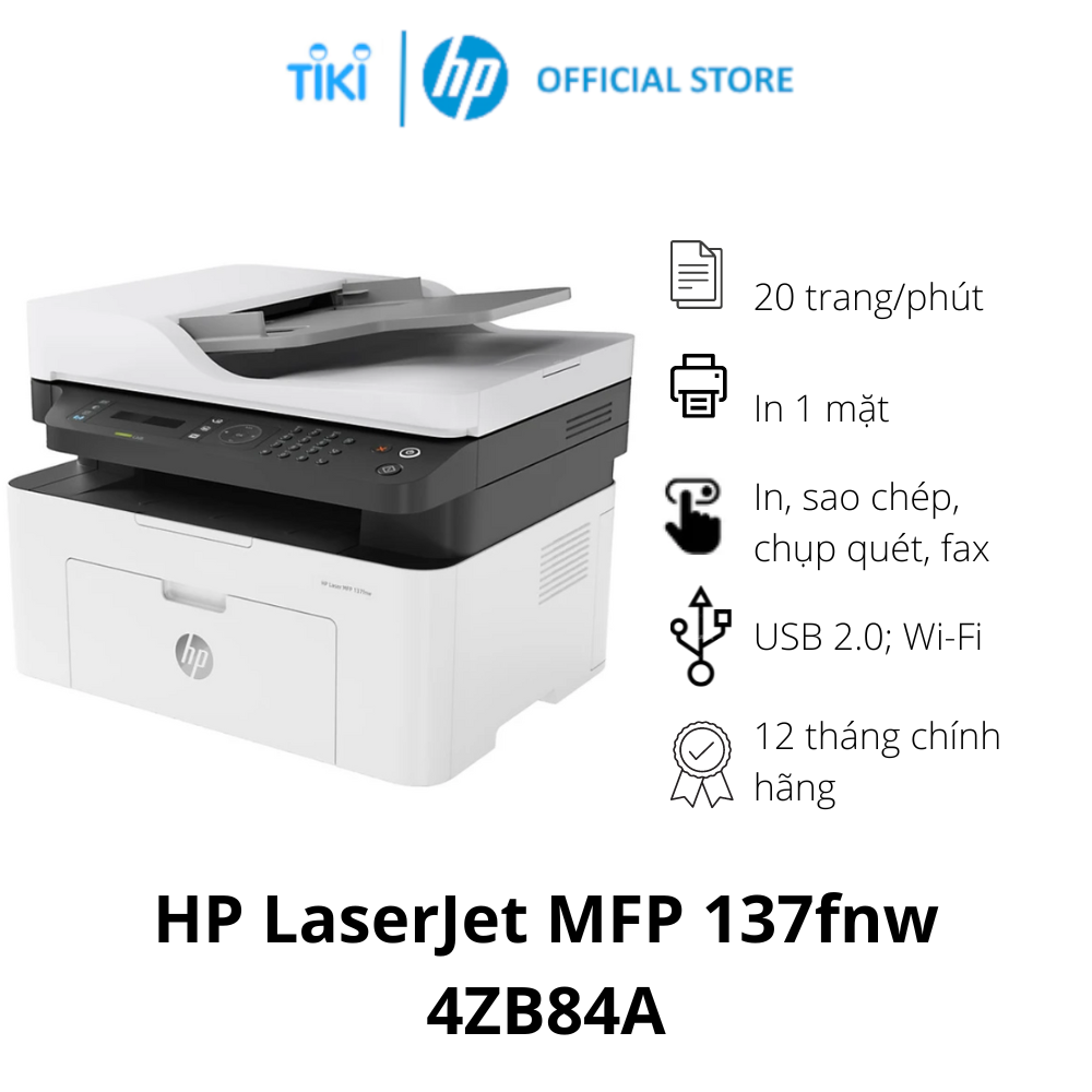 Máy in đa chức năng (In, copy, scan, fax, wifi) đen trắng HP LaserJet MFP 137fnw_4ZB84A – Hàng chính hãng