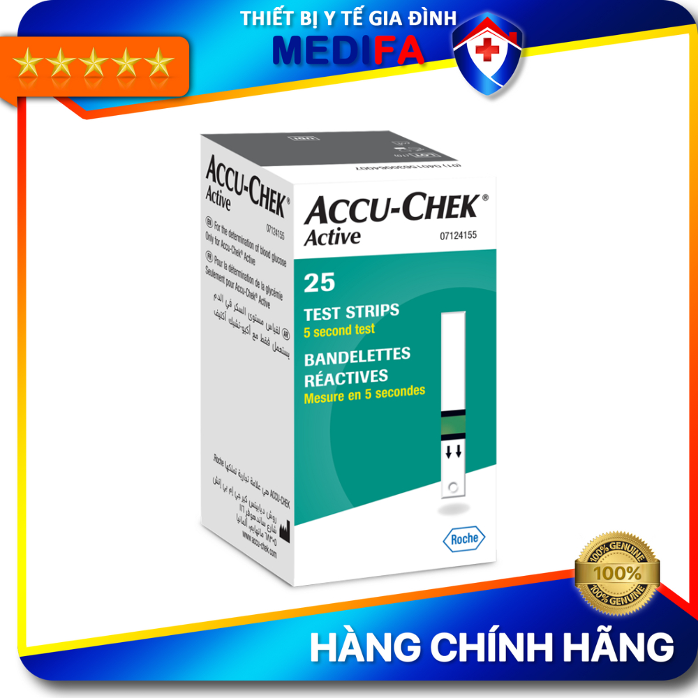 Hộp 25 Que Thử Đường Huyết Accu-Chek Active, Đầy Đủ Nhãn Phụ Tiếng Việt