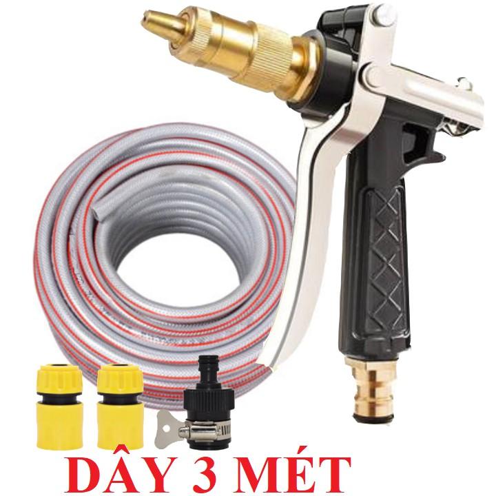 Bộ dây vòi xịt nước rửa xe, tưới cây .tăng áp 3 lần,loại 3m,5m 206236 đầu đồng,cút,nối nhựa đen+ tặng đai
