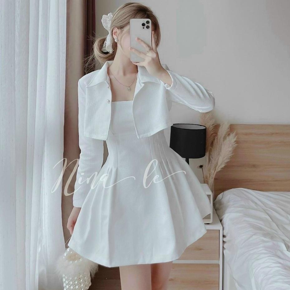 Đầm nữ dự tiệc dạo phố,set váy 2 dây dáng xòe kết hợp áo khoác ngoài trắng xinh xắn sang chảnh thời trang