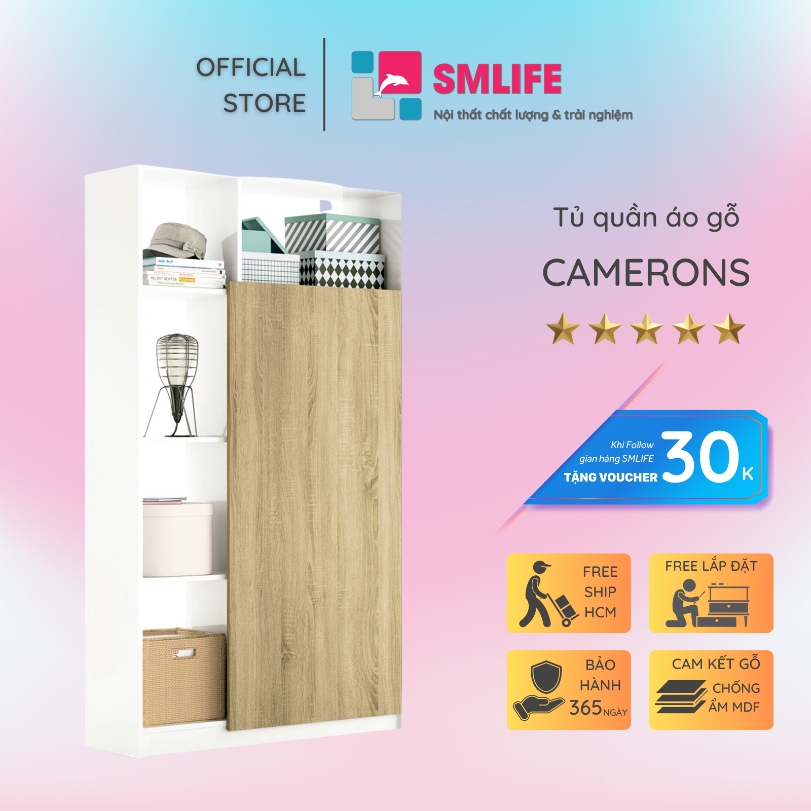 Tủ quần áo gỗ hiện đại SMLIFE Cameron | Gỗ MDF dày 17mm chống ẩm | D80xR80xC45cm