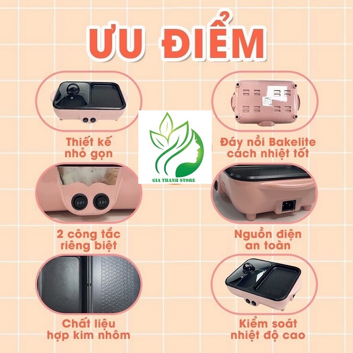 Bếp điện lẩu nướng 2 ngăn mini chính hãng Shanban Electric Baking Tray, Nồi lẩu + nướng đa năng, nồi lẩu điện 2in1 - Hàng nhập khẩu