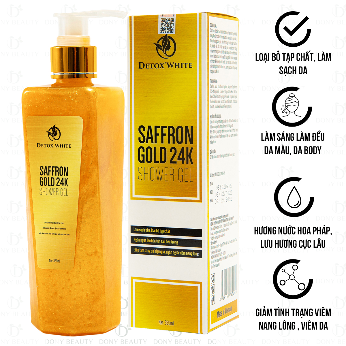 Sữa Tắm Sáng Da, Làm Sạch Sâu, Ngăn Ngừa Lão Hóa Saffron Gold 24k Shower Gel Detox White 350ml