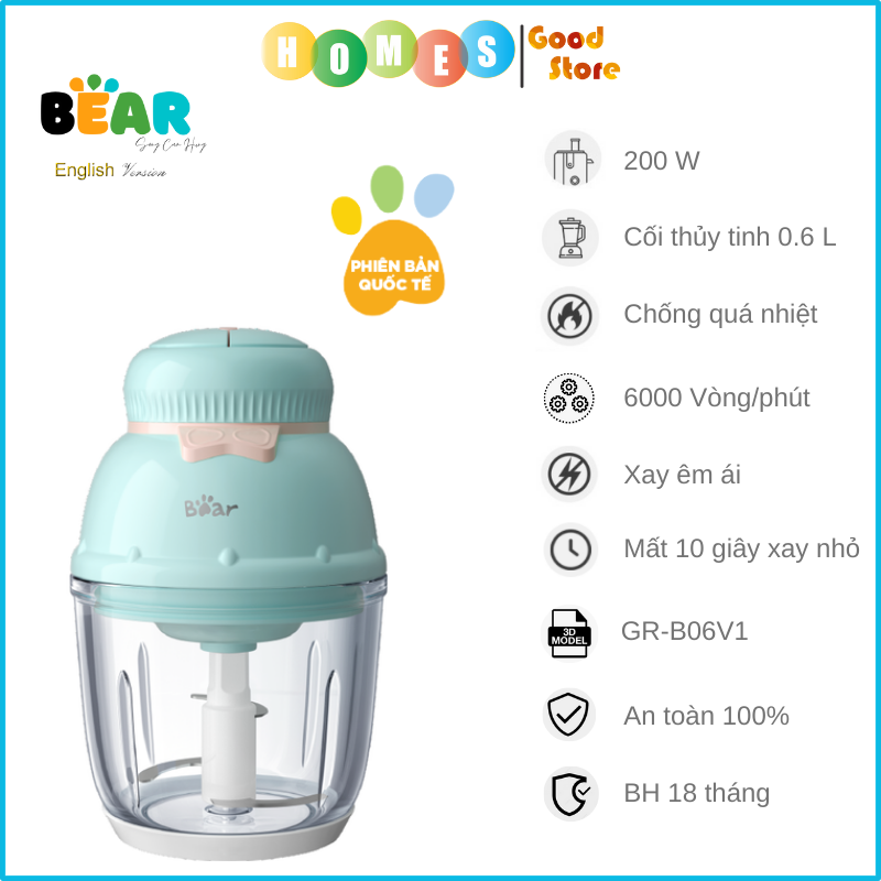 Máy Xay Thịt, Máy Xay Ăn Dặm Bear GR-B06V1 Xay Cực Êm Dung Tích 0.6 Lít Công Suất 200 W- Hàng Chính Hãng