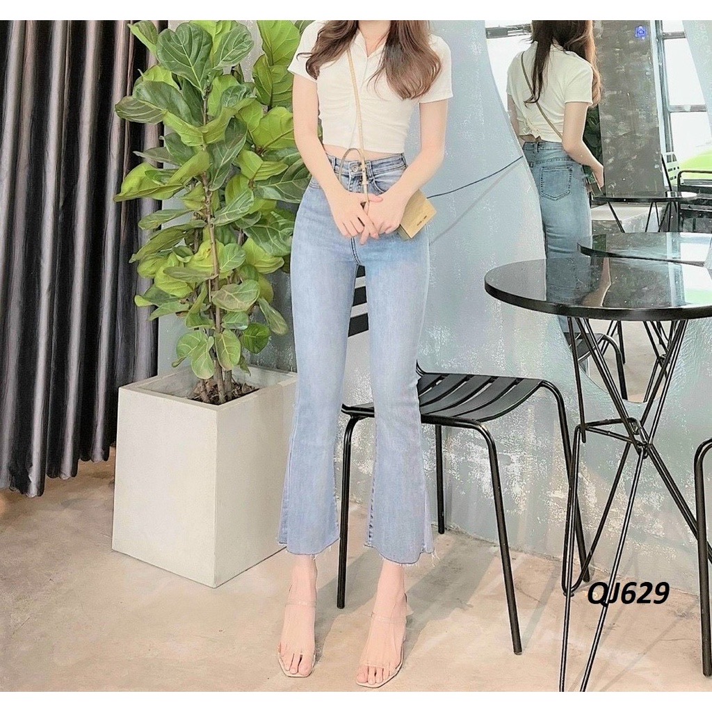 Quần jean ống loe lưng cao cắt gấu  QJ629