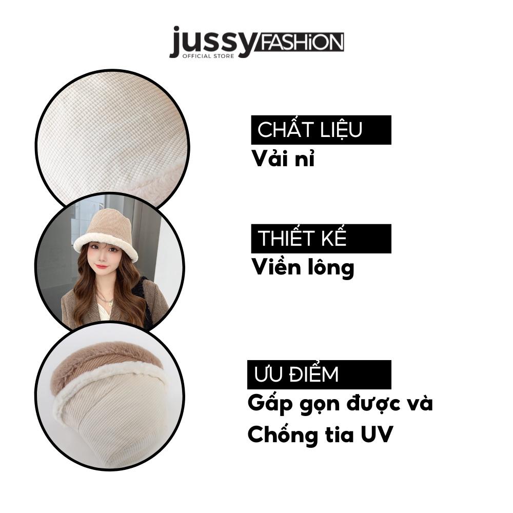 Mũ Bucket Nỉ Viền Lông Vành Xéo Jussy Fashion Nón Tai Bèo Len Lông Dày 2 Lớp Giữ Ấm Đầu Có Dây Rút Bên Trong