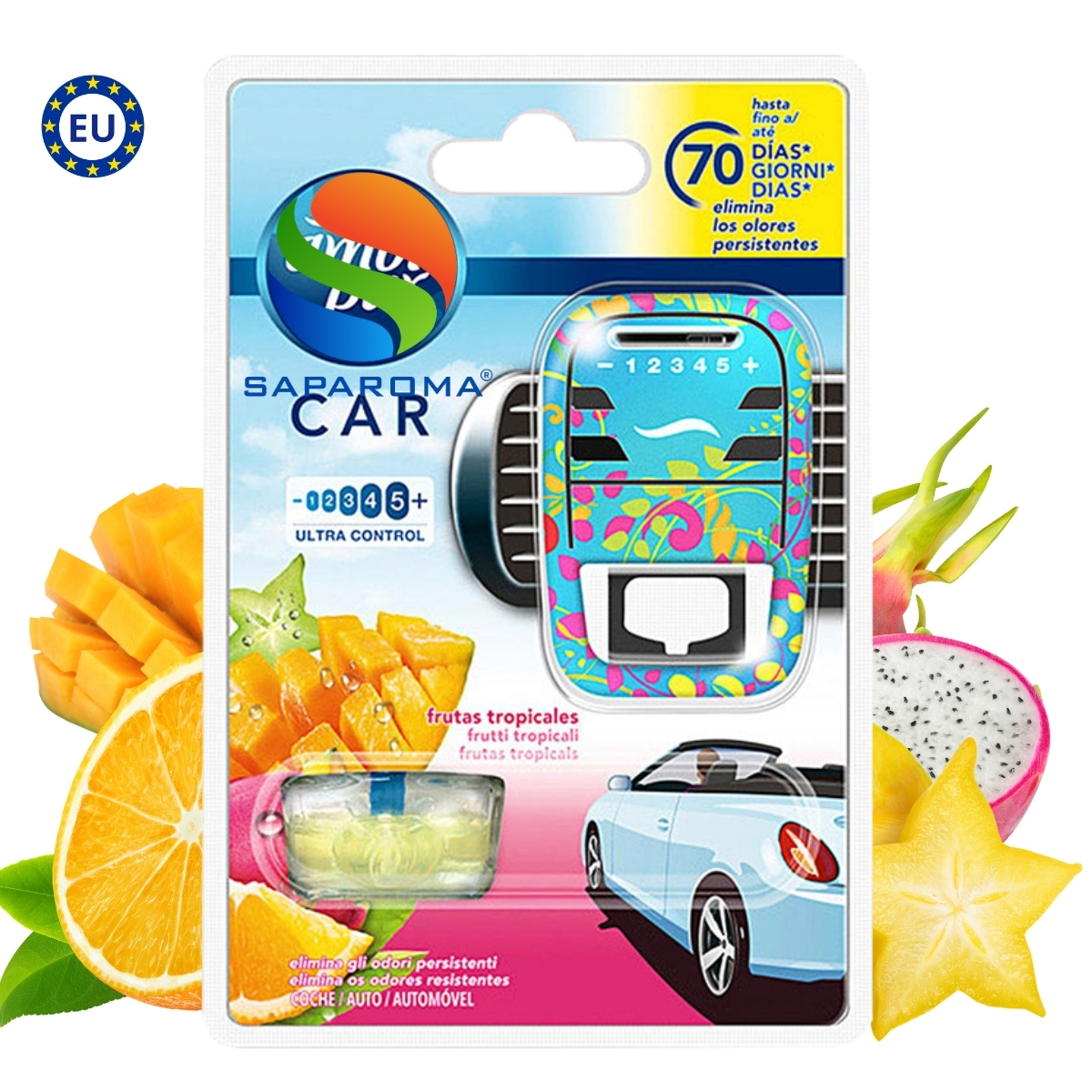 Bộ tinh dầu thơm ô tô Ambi Pur 7ml Fruity Tropics - hương trái cây, cài cửa gió, hỗ trợ khử mùi, nhập khẩu Châu Âu