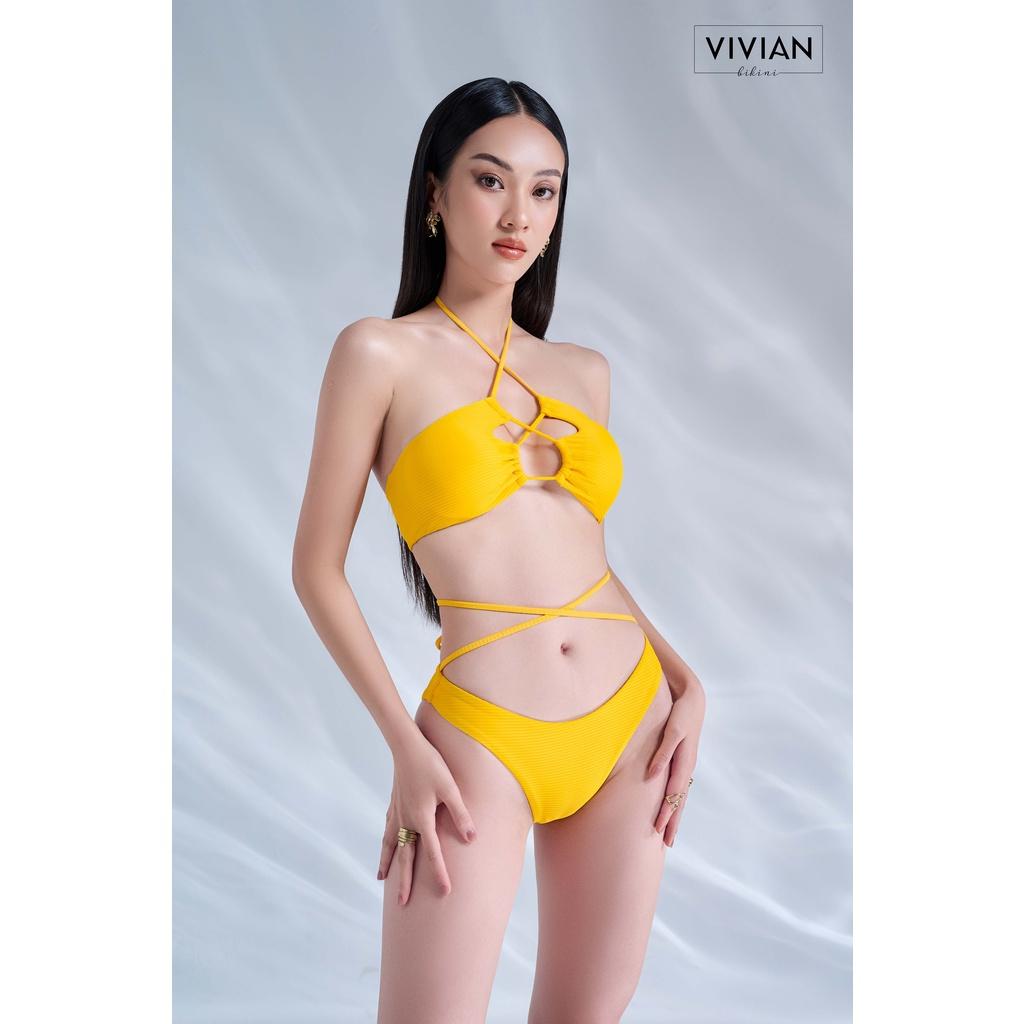 Đồ bơi nữ cao cấp dạng hai mảnh áo ống phối dây tạo hình - Vàng - VS186_YL