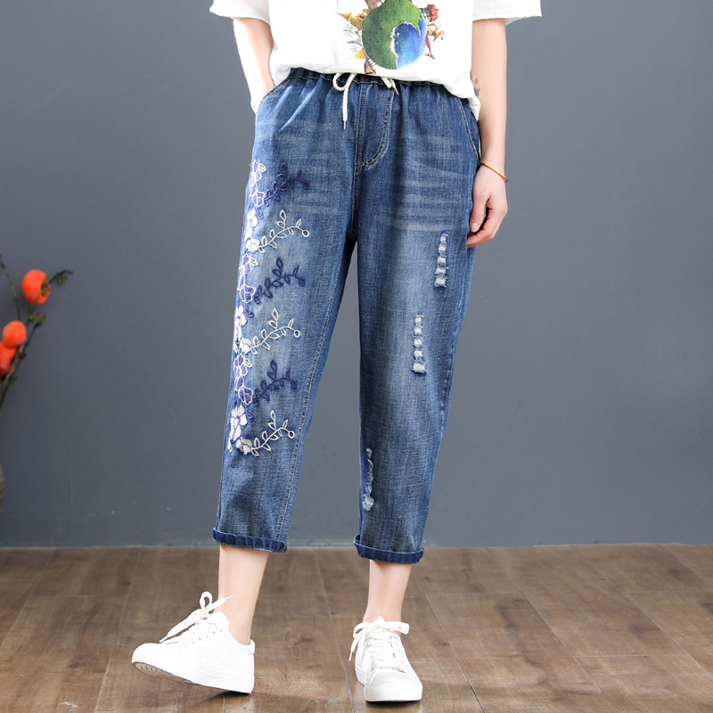 Quần jean bò baggy thêu hoa dây dễ thương QB35