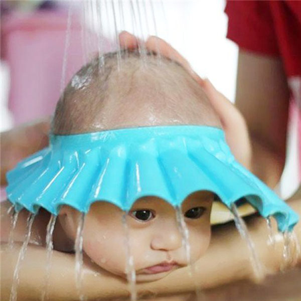Bộ 2 Nón tắm màu xanh gội đầu chắn nước vô tai mắt cho bé có nút điều chỉnh to nhỏ