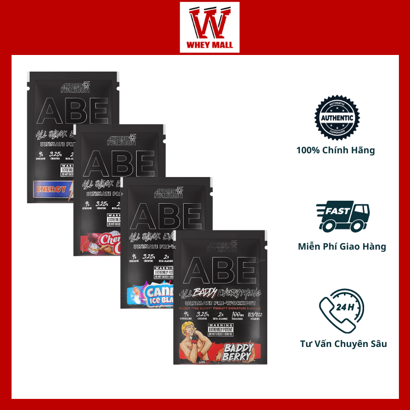 ABE Pre - Workout Sample ABE Hỗ Trợ Tăng Sức Mạnh Trước Tập, Hỗ Trợ Tập Luyện 1 Lần Dùng - Baddy Berry - 10 Gói