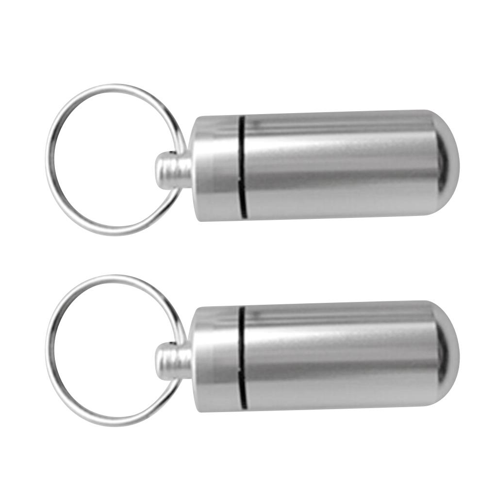 2pcs Aluminum Alloy Waterproof Key Ring Container Pill Storage Box Case Silver