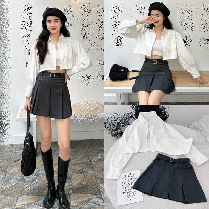 ĐẦM SET ÁO CROPTOP SƠ MI KHOÁC LỬNG TAY DÀI + ÁO ỐNG + CHÂN VÁY NGẮN LƯNG CAO XẾP LY CHỮ A MIDI ĐI TIỆC ĐI CHƠI NOEL DẠO PHỐ GIÁNG SINH ĐI BIỂN