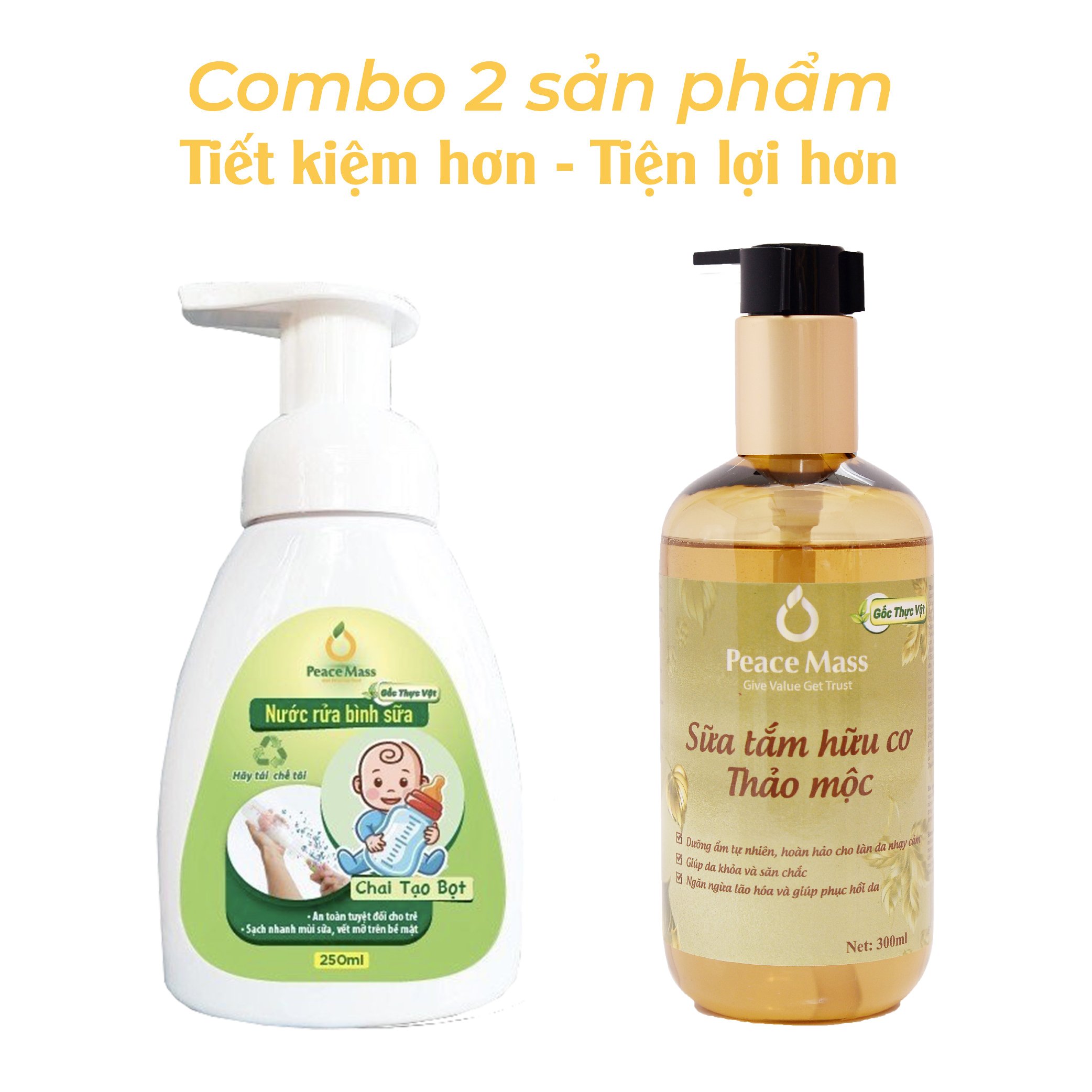 RBSC5 Combo Sản Phẩm Gốc Thực Vật Peace Mass Nước Rửa Bình Sữa 250ml (Chai tạo bọt) + Sữa Tắm Thảo Mộc 300ml