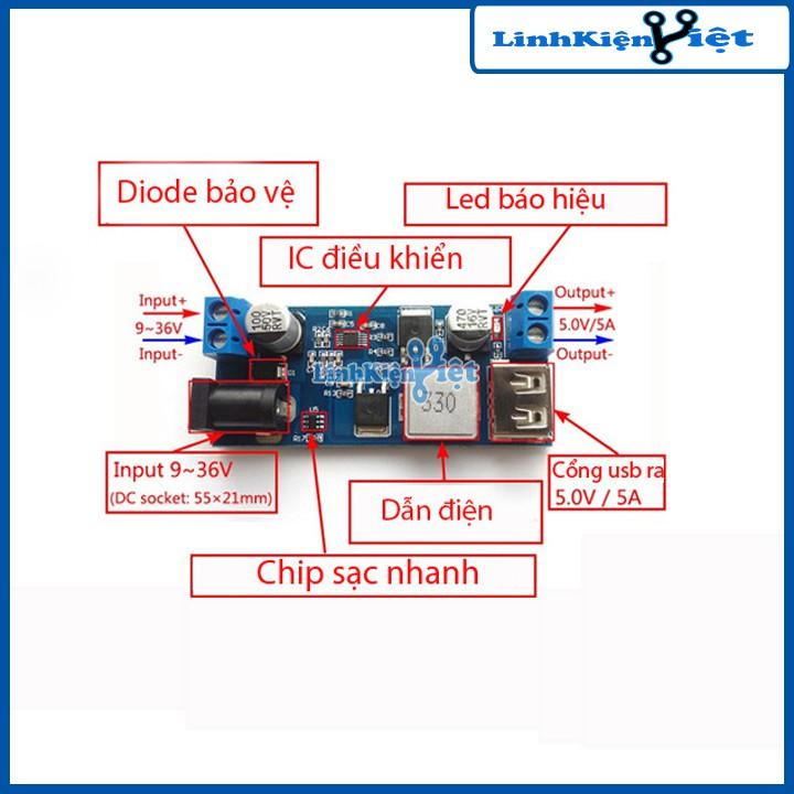 Module Hạ Áp Buck DC-DC Vin 9-36V Vout 5V 5A XY-3606 Sạc Nhanh Có Bảo Vệ