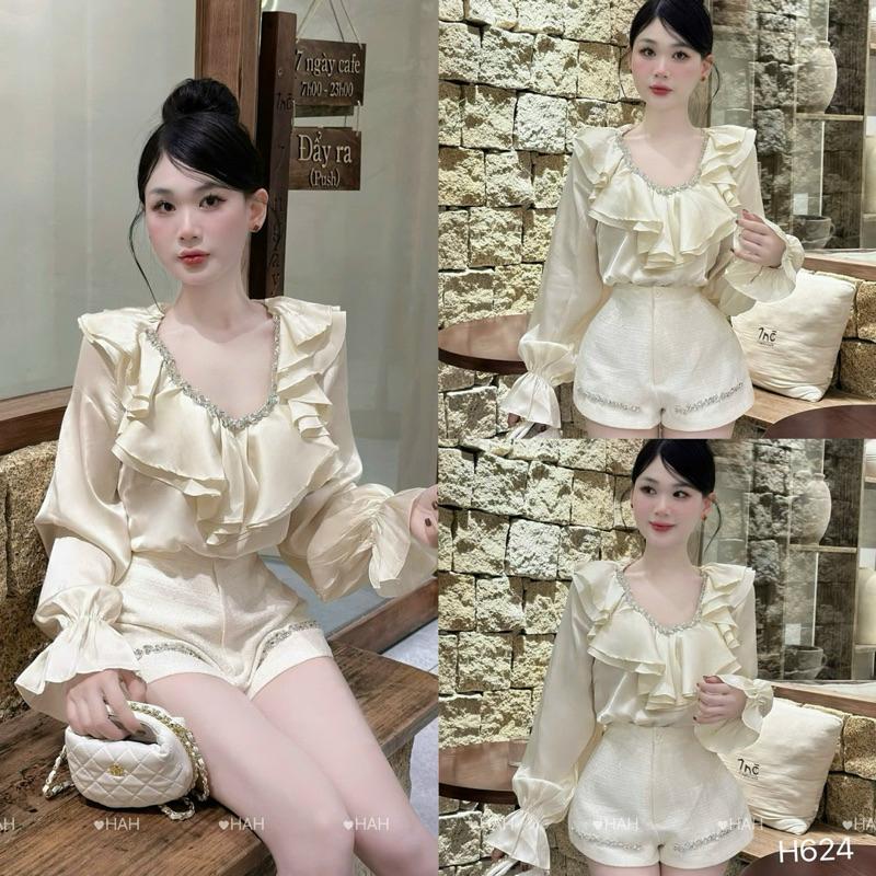 sét bộ viền đá áo lụa quần dạ, cổ bèo sang chảnh BY JOLIE - Đen