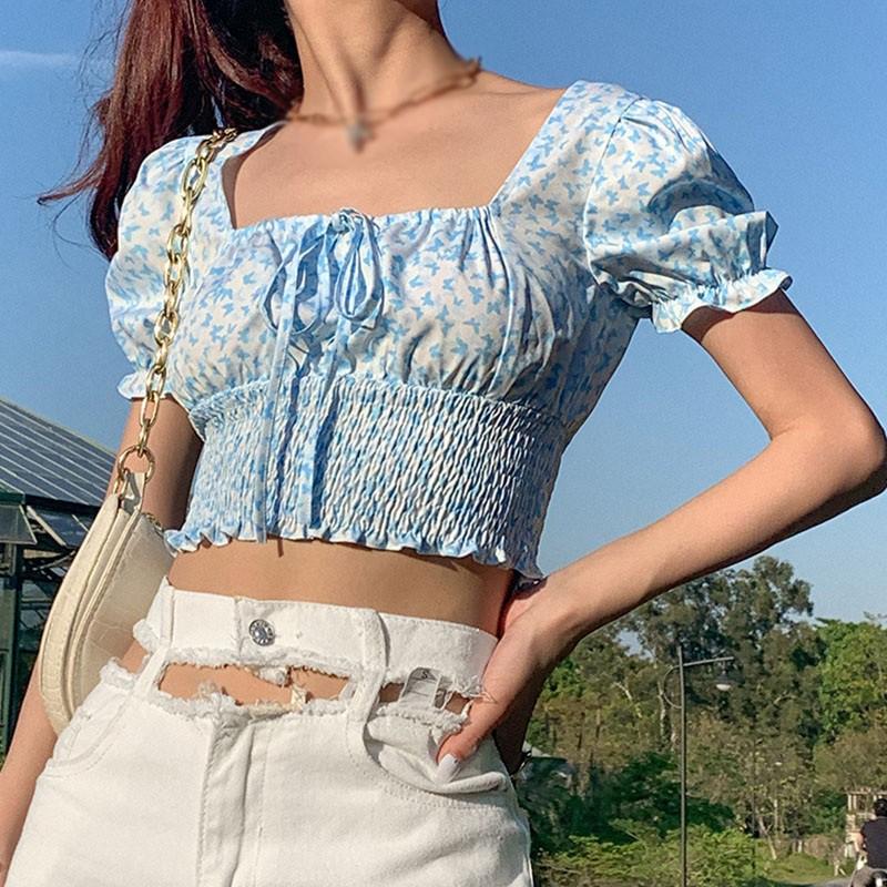 Áo Kiểu Nữ Cổ Vuông Tay Phồng In Hình Bướm Gợi Cảm