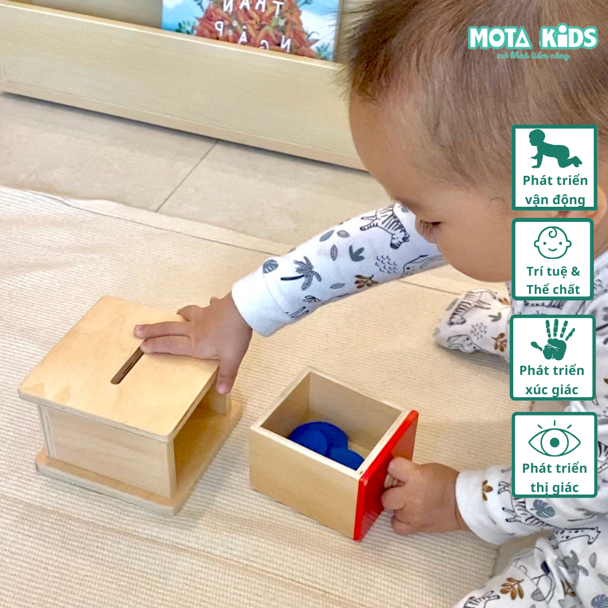 Đồ chơi hộp thả xu có ngăn kéo cho bé từ 15-18 tháng Montessori Mota- Phát triển thị giác & sử dụng tay- Hàng chính hãng