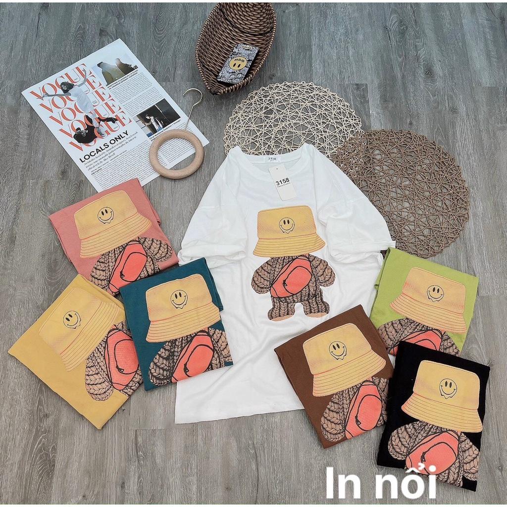 Áo thun nữ cotton khô in hình gấu đội mũ tay lỡ hàng unisex freesize chất siêu thâm mát HEFS003