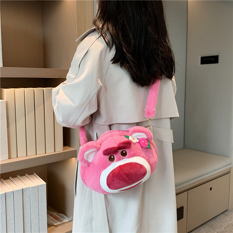 Túi Gấu Dâu Lotso Size Lớn Dây Nhung, Túi Gấu Bông Gòn Đeo Chéo