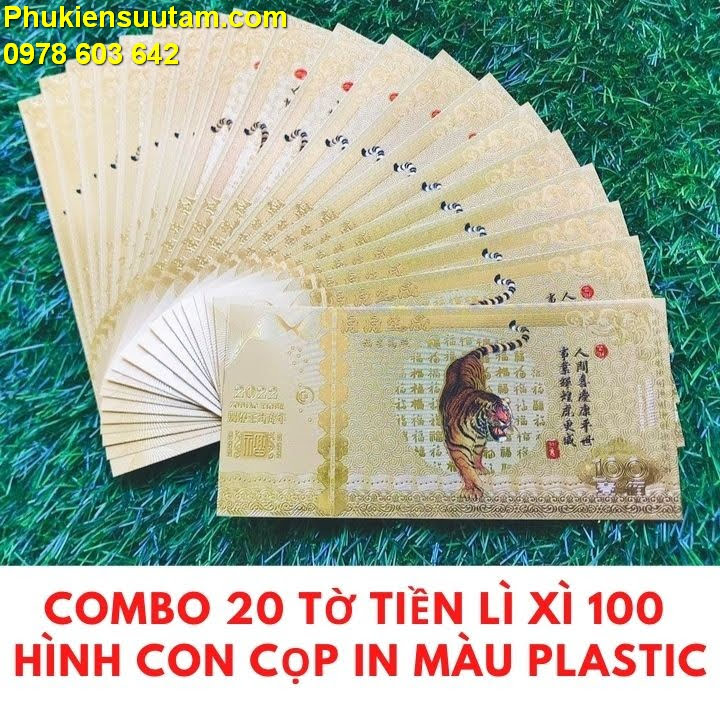 Combo 20 Tờ Tiền lì xì 100 hình con cọp in màu Plastic, Dùng để trang trí trong nhà, LÀM TIỀN LÌ XÌ, treo trên cây mai, kích thước 15.5x7.5cm, Màu vàng - TMT Collection - SP005449