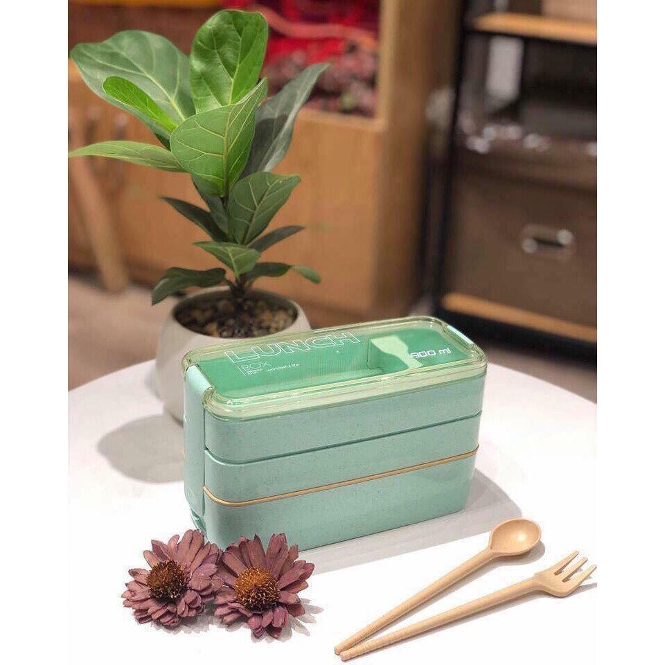 Hộp Cơm Văn Phòng Giữ Nhiệt Kèm Muỗng Tiện Dụng - Hộp Cơm Lúa Mạch Lunch Box 3 Tầng 900ml