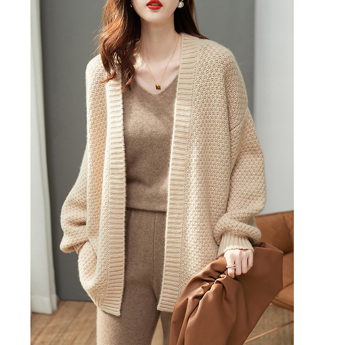 Áo khoác cardigan len nữ form rộng, len rệt tổ ong dày dặn ấm áp - Be