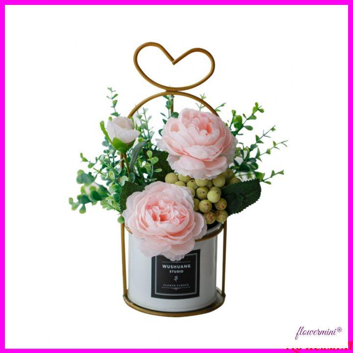 Hoa lụa, bình hoa hông trà 21cm để bàn để bàn làm việc, bàn học,kệ tủ trang trí nội thất phong cách Bắc Âu LH-19